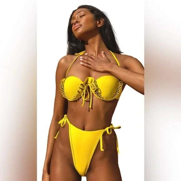 $198 NWT Andrea Iyamah Fula Bikini Top Womens Small Lemon Yellow Ruffle Halter